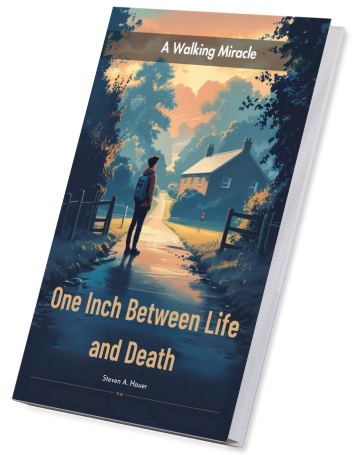 Book cover for One Inch Between Life and Death by Steven A. Hauer, a true story of survival and faith.